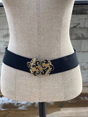 Vintage Wide Statement Cinch Waist Belt M Black Elastic Gold Glam Buckle 80s 90s